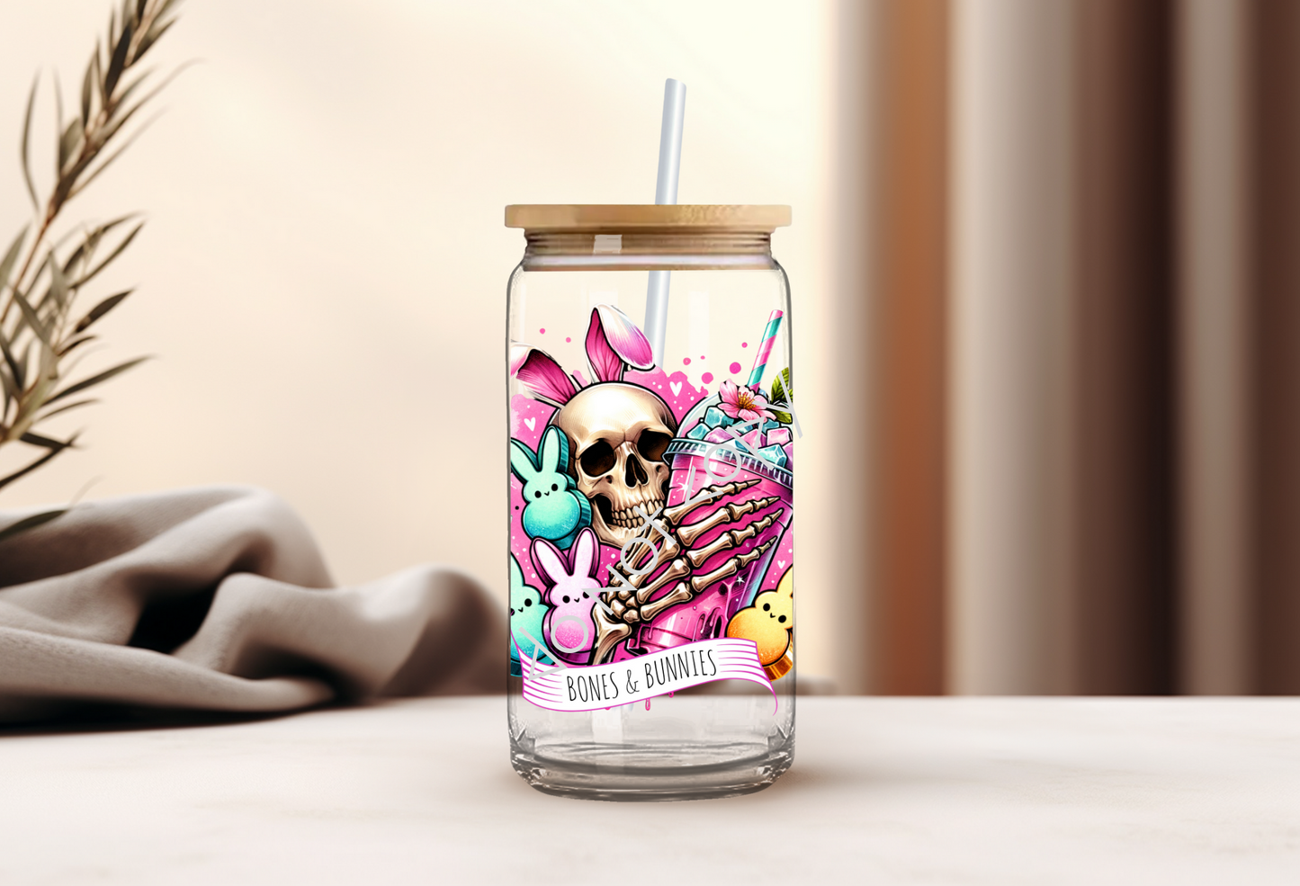 16oz Glass Cup - Bones & Bunnies - Skellie