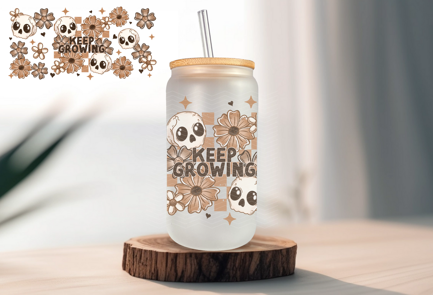 16oz Libbey - Keep Growing - Skulls and Flowers