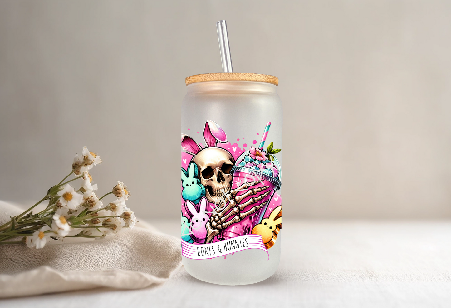 16oz Glass Cup - Bones & Bunnies - Skellie