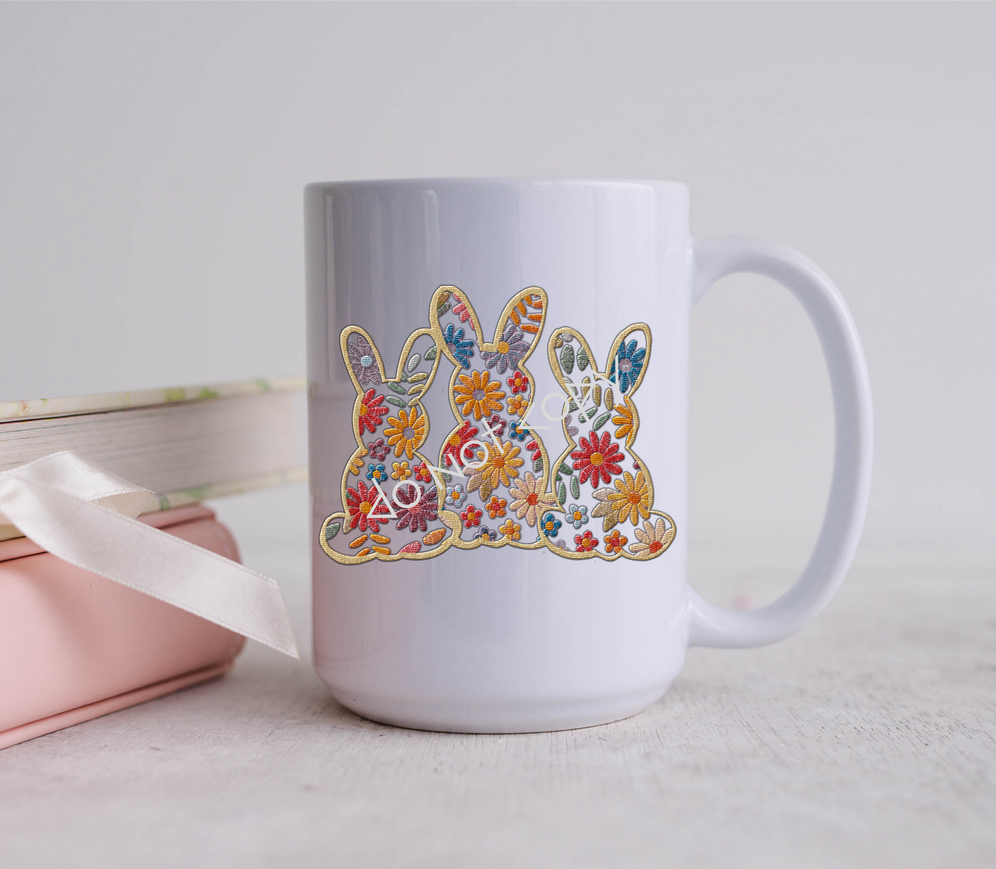 15oz Mug - Three Floral Bunnies