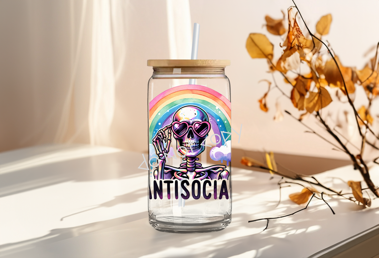 16oz Glass Cup - Antisocial Skellie