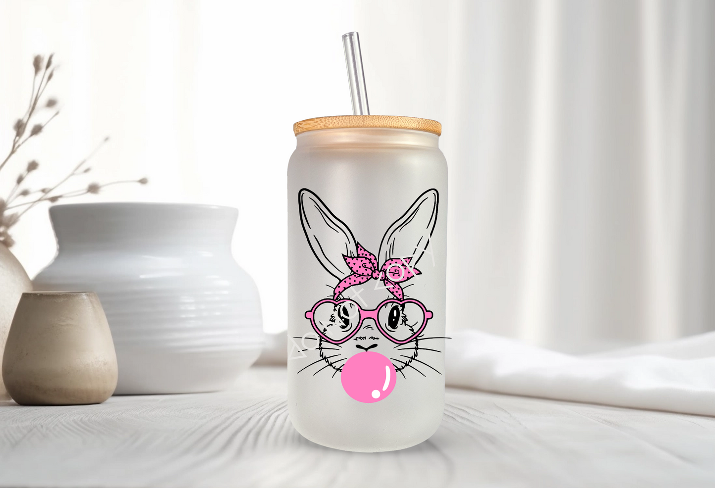 16oz Glass Cup - Bubblegum Bunny