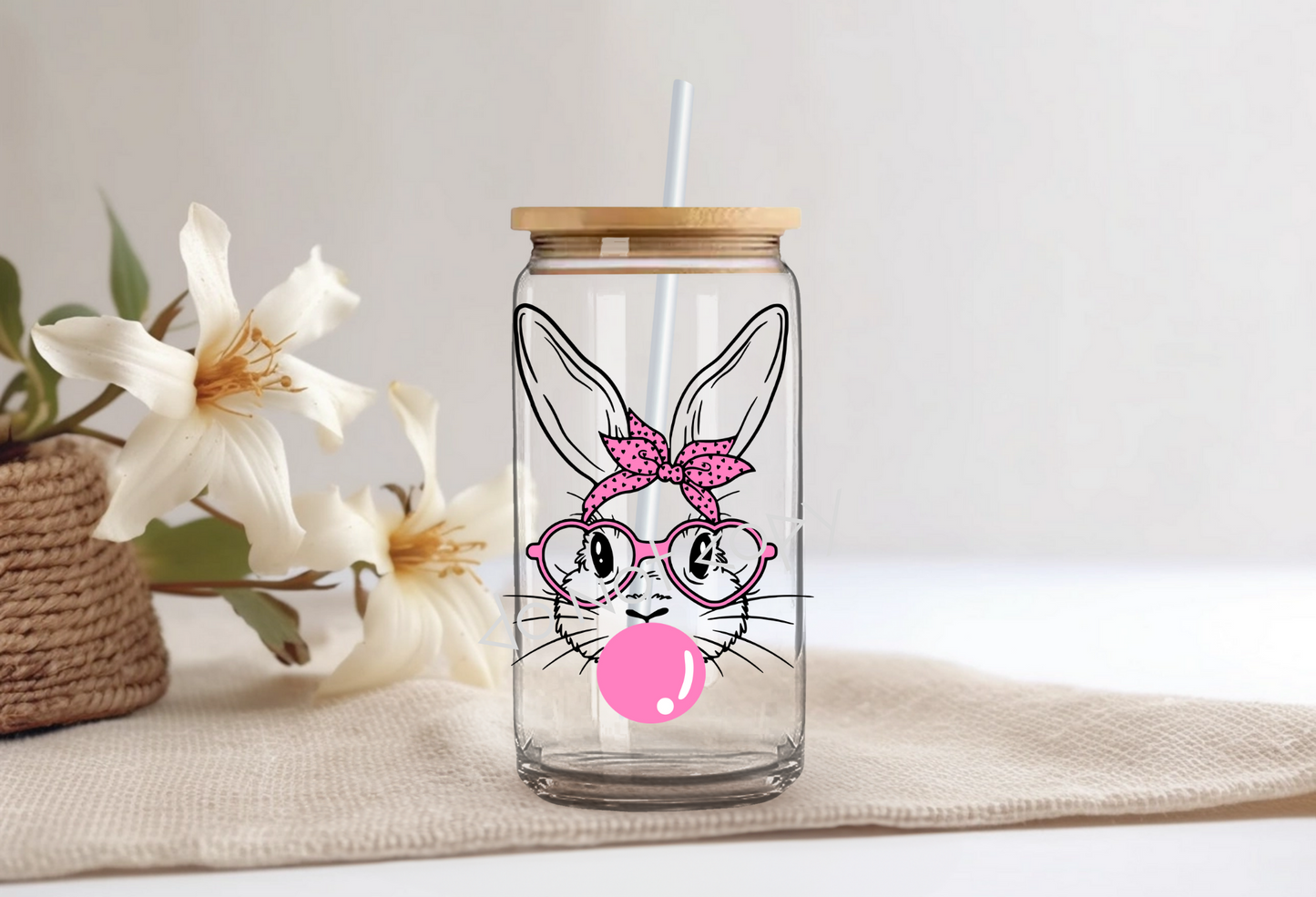 16oz Glass Cup - Bubblegum Bunny